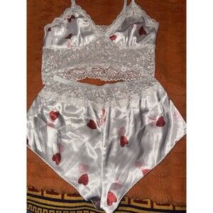 Women’s Valentines Day Night Time Baby Doll Lingerie Top & Bottom Set Hearts Med